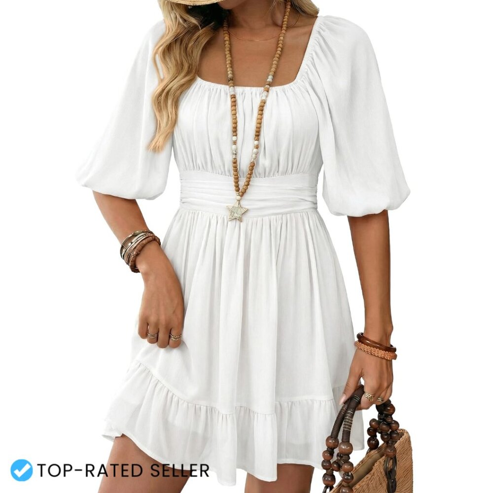 Square Neck Tie Back Lantern Sleeve Ruffle A-Line Casual Dress Summer Chic